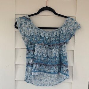 Rue21 Blue Printed Off-Shoulder Ruffle Top